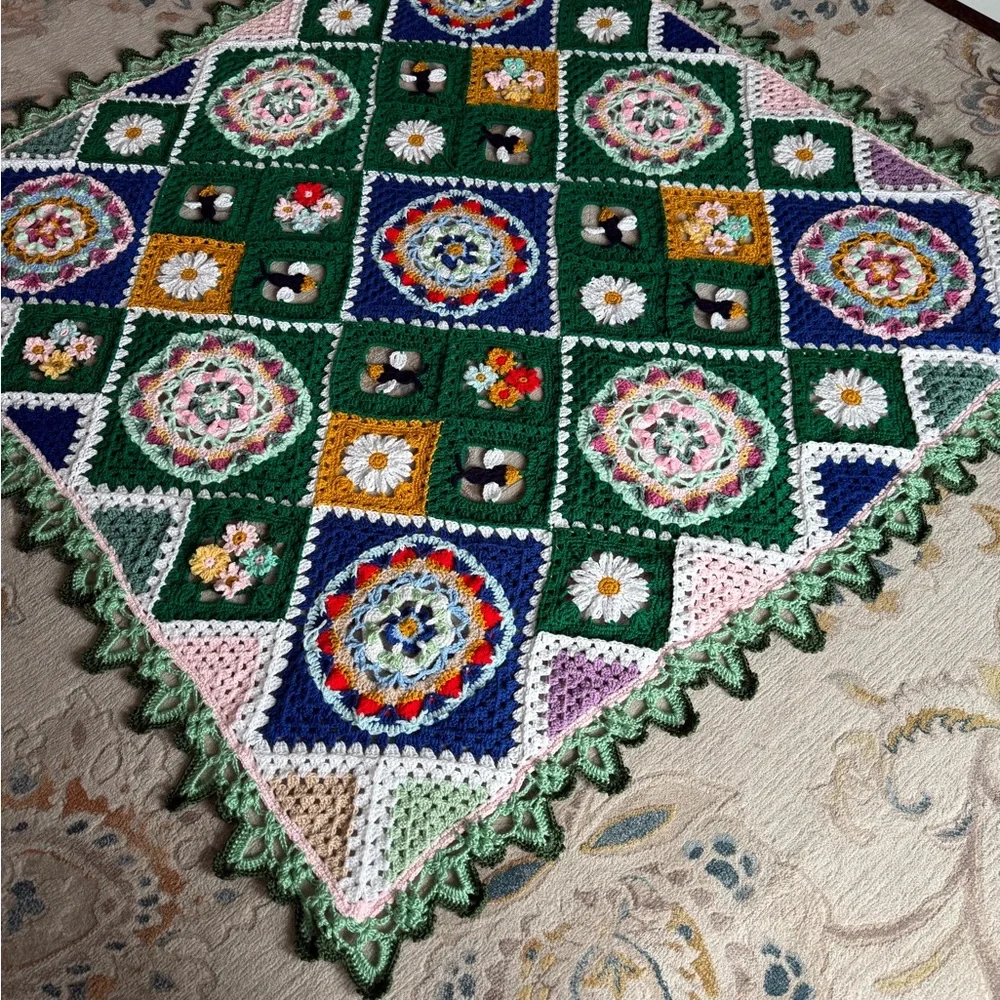 Secret garden style floral granny afghan Handmade Crochet blanket 75” x …